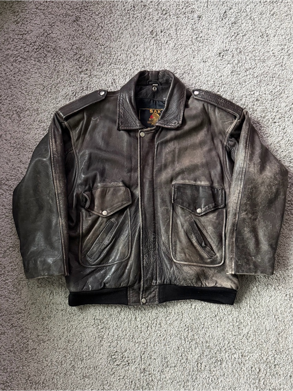 Vintage S.A.K Biker A-1 Flight Black Leather Bomber Jacket